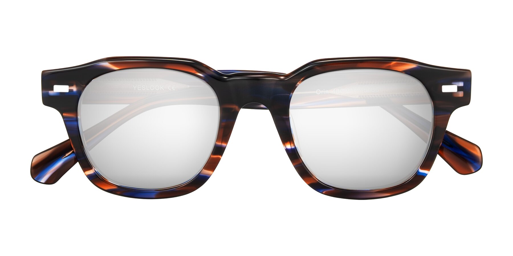 Folded Front of Orin in Brown Blue Striped with Silver Mirrored Lenses