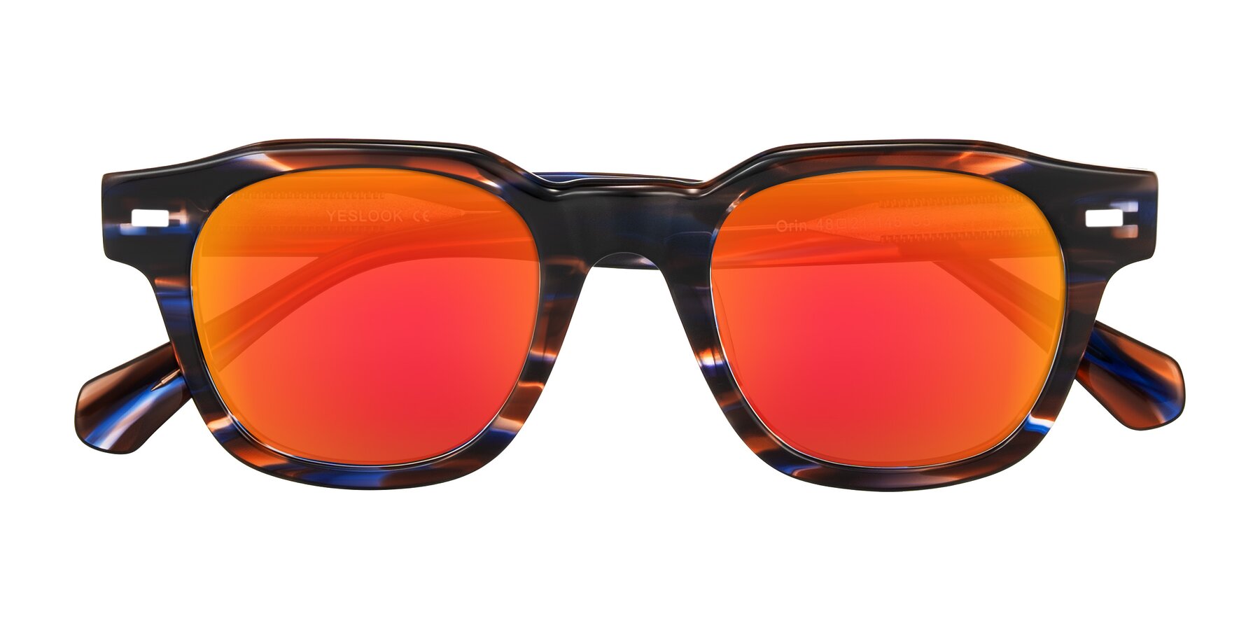 Folded Front of Orin in Brown Blue Striped with Red Gold Mirrored Lenses