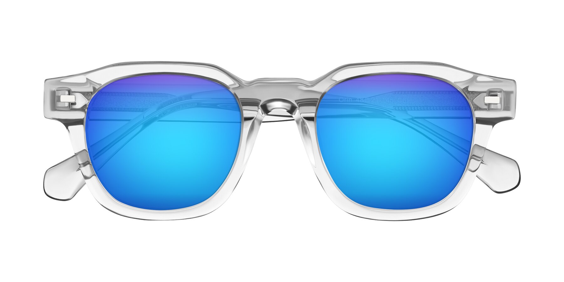 Folded Front of Orin in Transparent Gray with Blue Mirrored Lenses