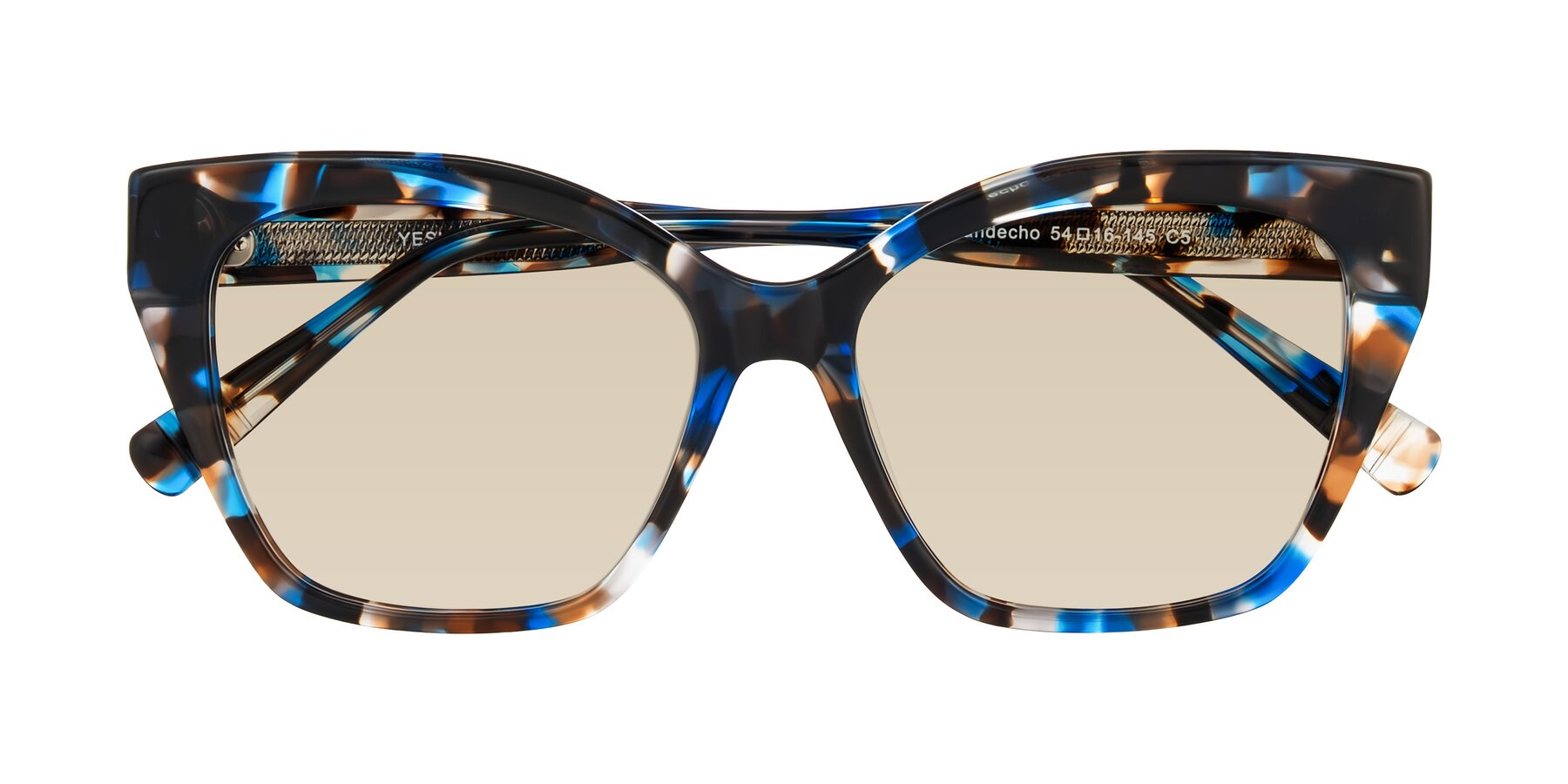Folded Front of Landecho in Blue Tortoise with Light Brown Tinted Lenses