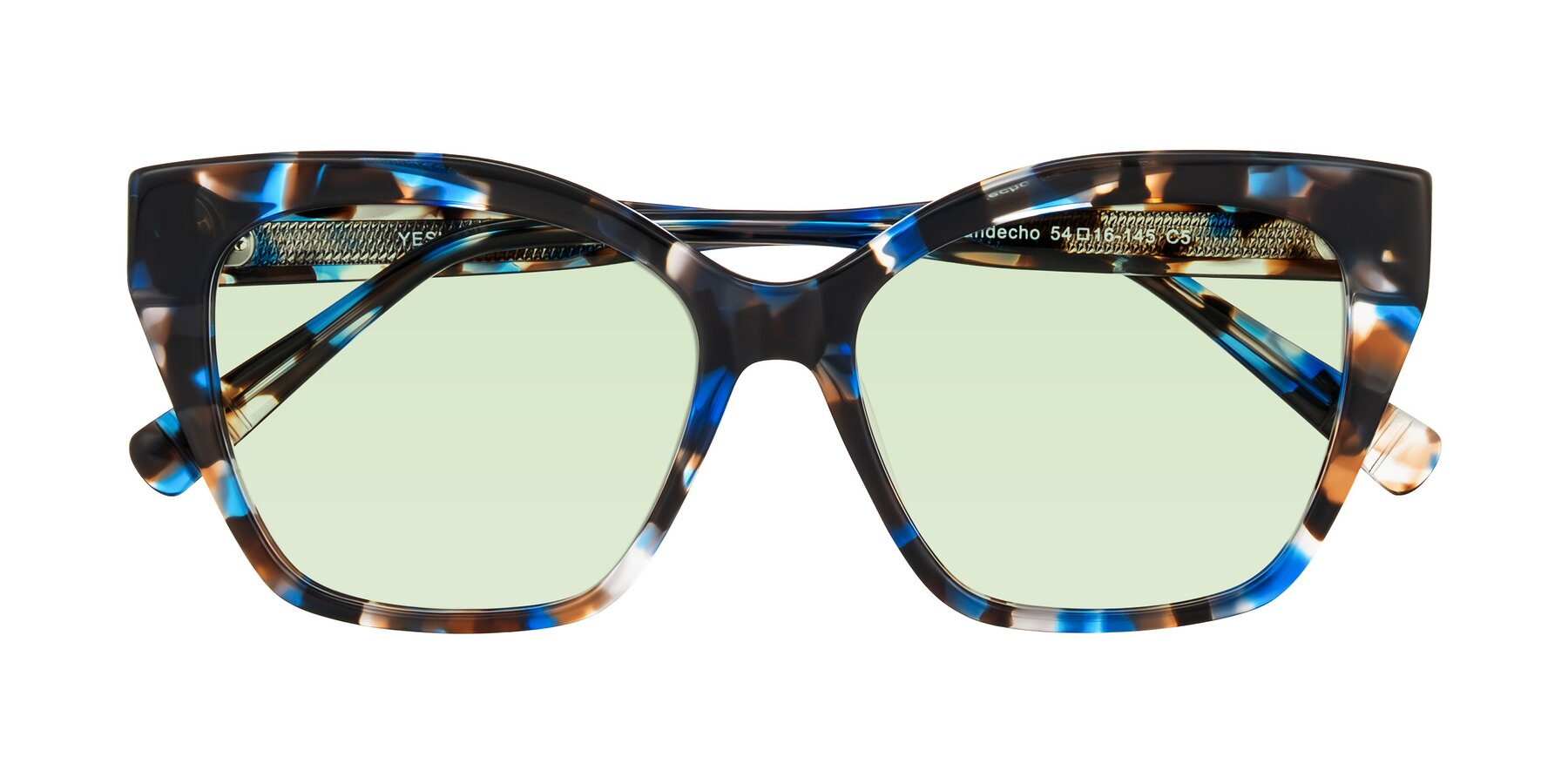 Folded Front of Landecho in Blue Tortoise with Light Green Tinted Lenses