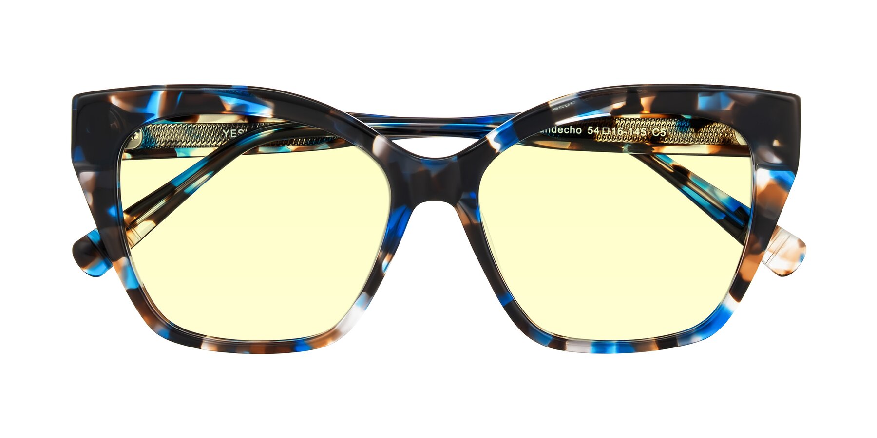 Folded Front of Landecho in Blue Tortoise with Light Yellow Tinted Lenses