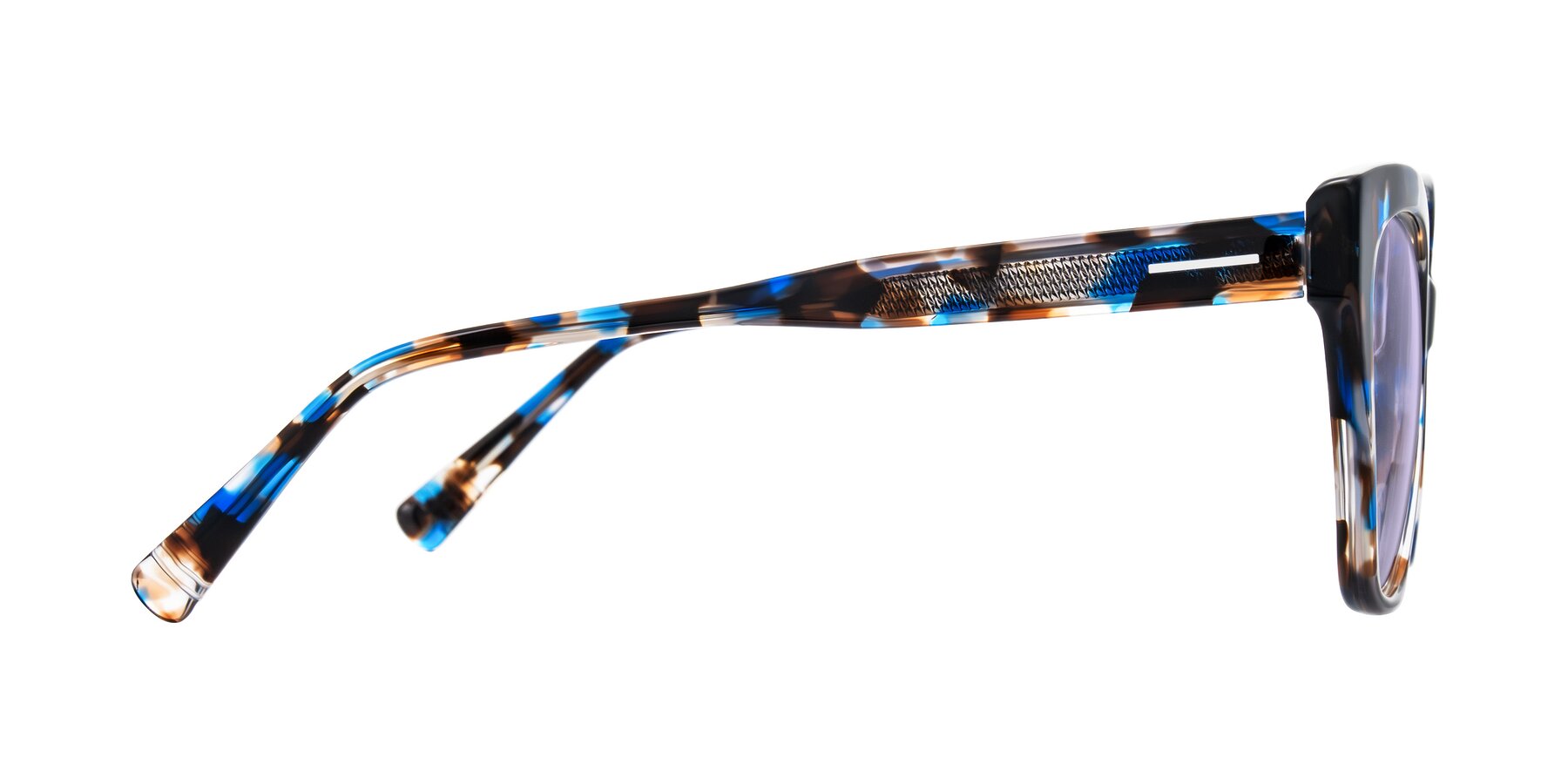 Side of Landecho in Blue Tortoise with Light Purple Tinted Lenses