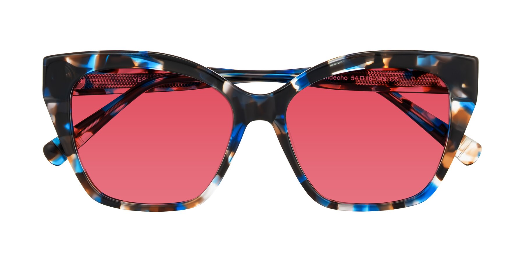 Folded Front of Landecho in Blue Tortoise with Red Tinted Lenses