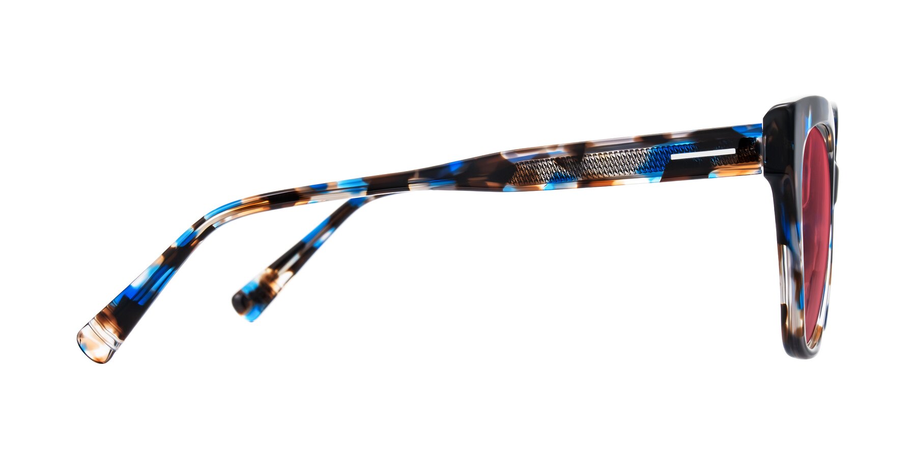 Side of Landecho in Blue Tortoise with Red Tinted Lenses