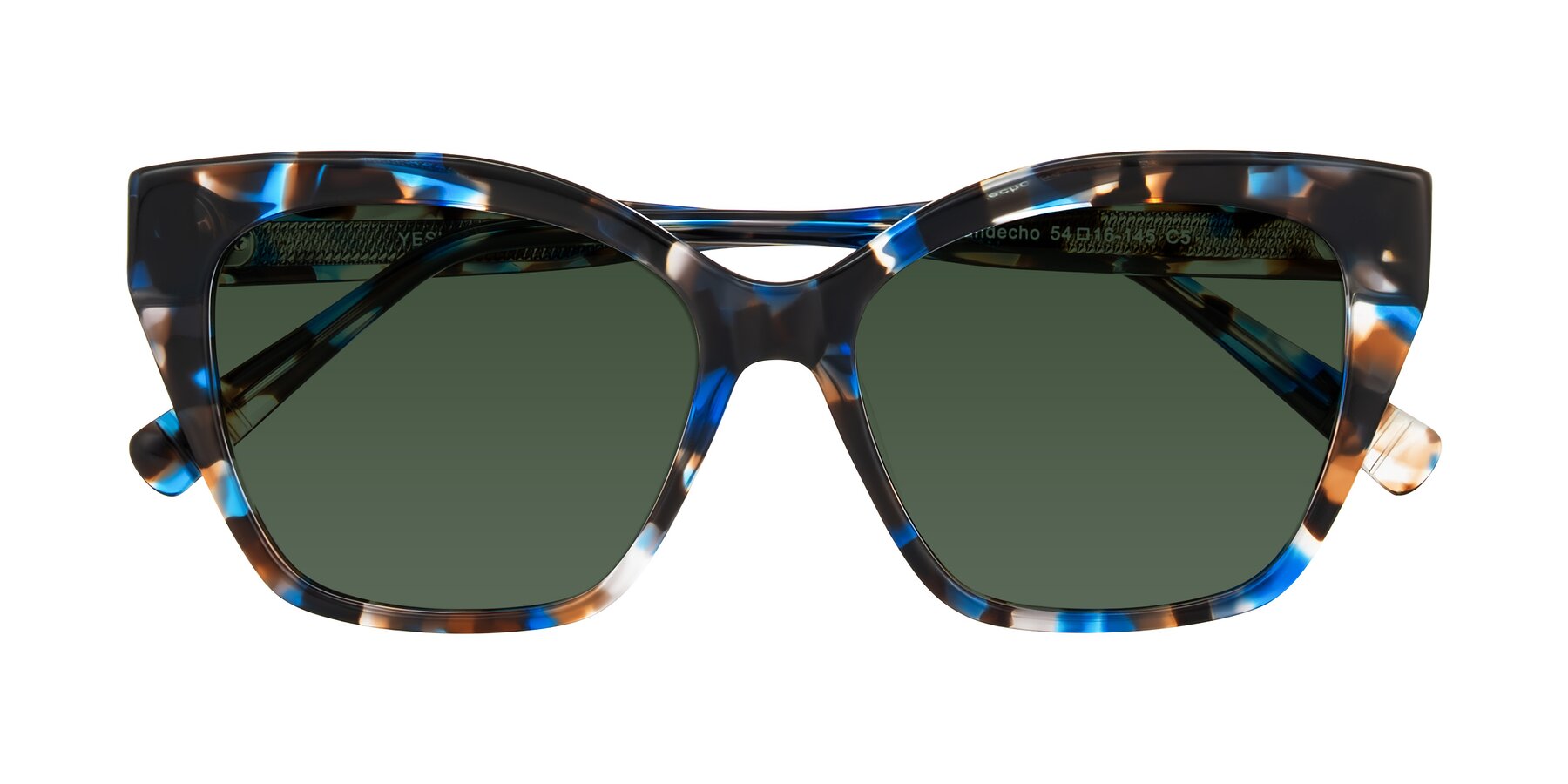 Folded Front of Landecho in Blue Tortoise with Green Tinted Lenses