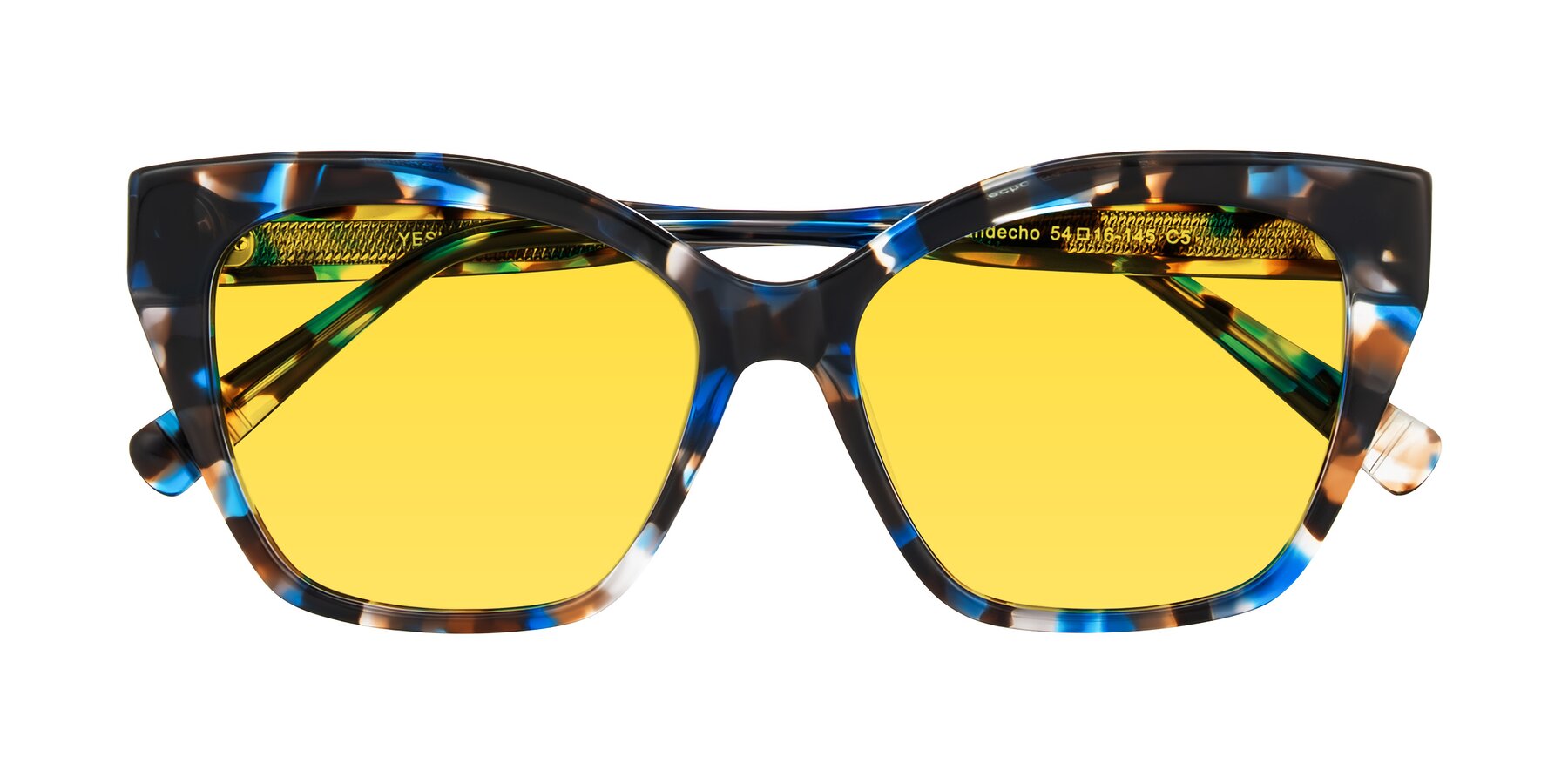 Folded Front of Landecho in Blue Tortoise with Yellow Tinted Lenses
