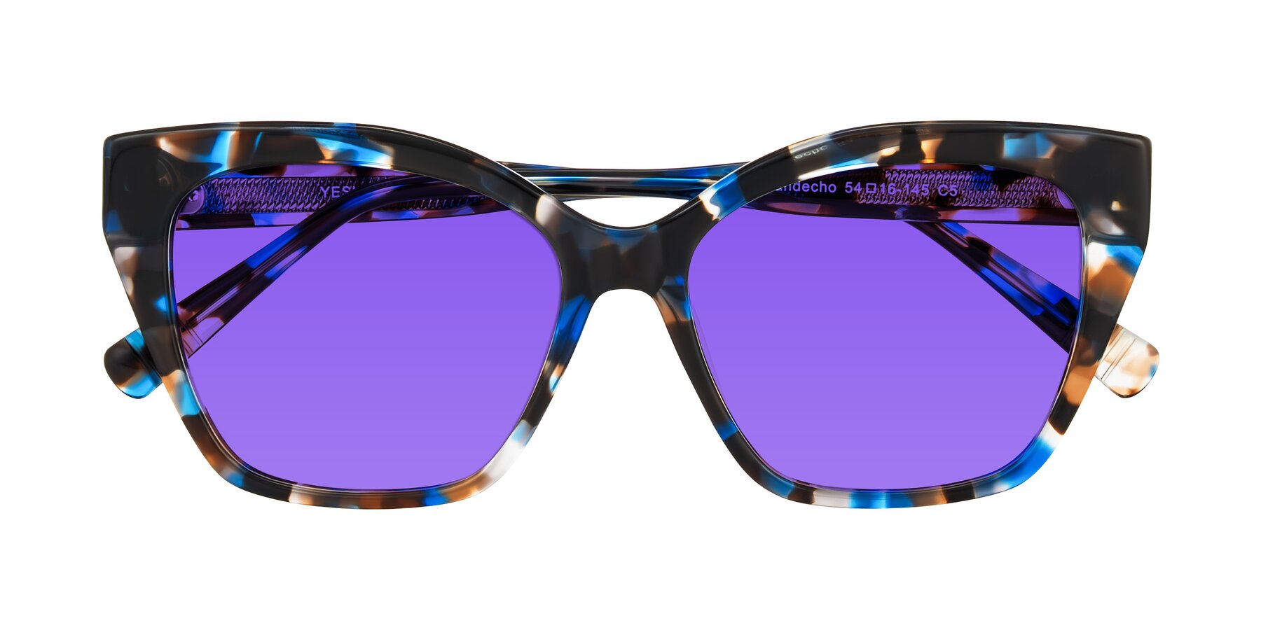 Folded Front of Landecho in Blue Tortoise with Purple Tinted Lenses