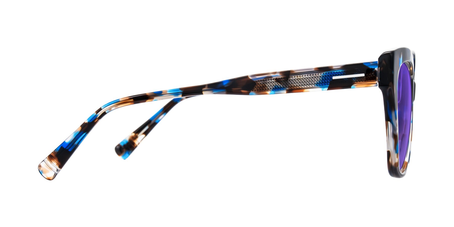 Side of Landecho in Blue Tortoise with Purple Tinted Lenses