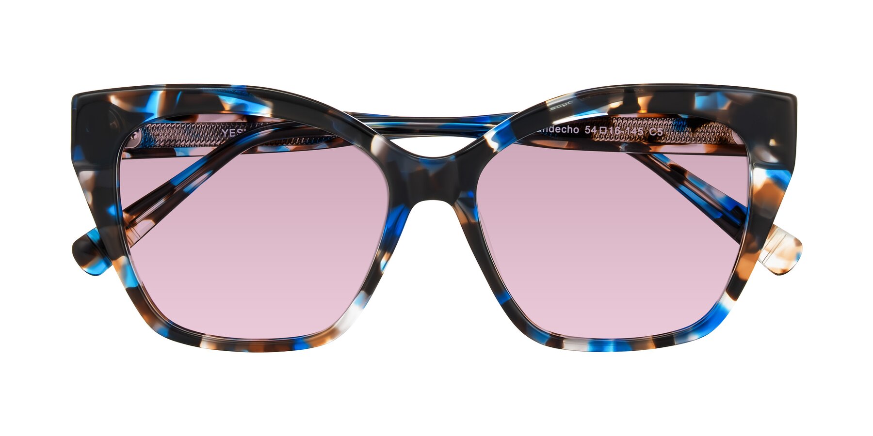 Folded Front of Landecho in Blue Tortoise with Light Wine Tinted Lenses