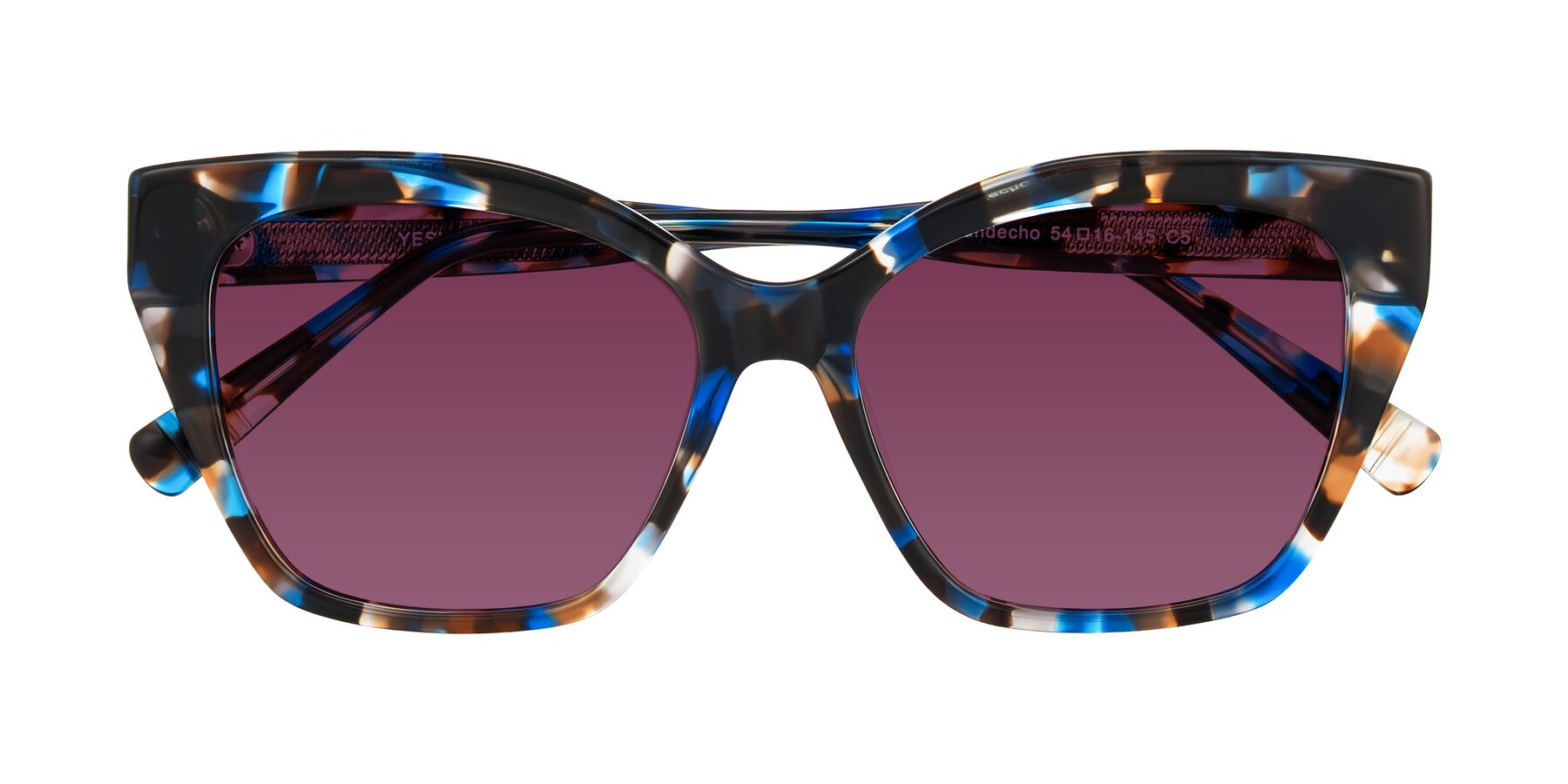 Folded Front of Landecho in Blue Tortoise with Wine Tinted Lenses