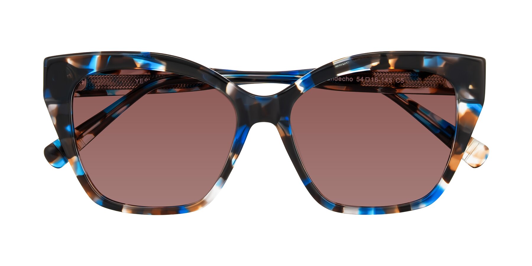 Folded Front of Landecho in Blue Tortoise with Garnet Tinted Lenses
