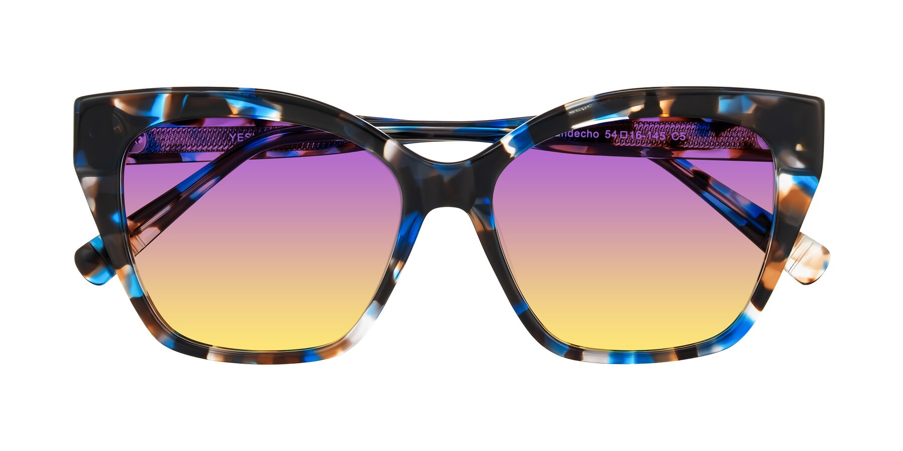 Folded Front of Landecho in Blue Tortoise with Purple / Yellow Gradient Lenses