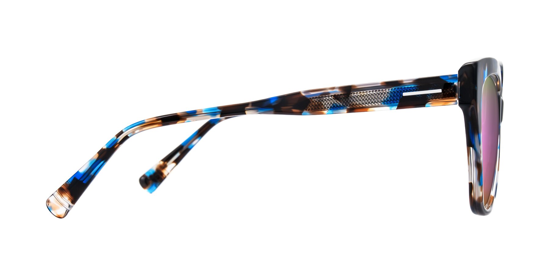 Side of Landecho in Blue Tortoise with Pink Mirrored Lenses