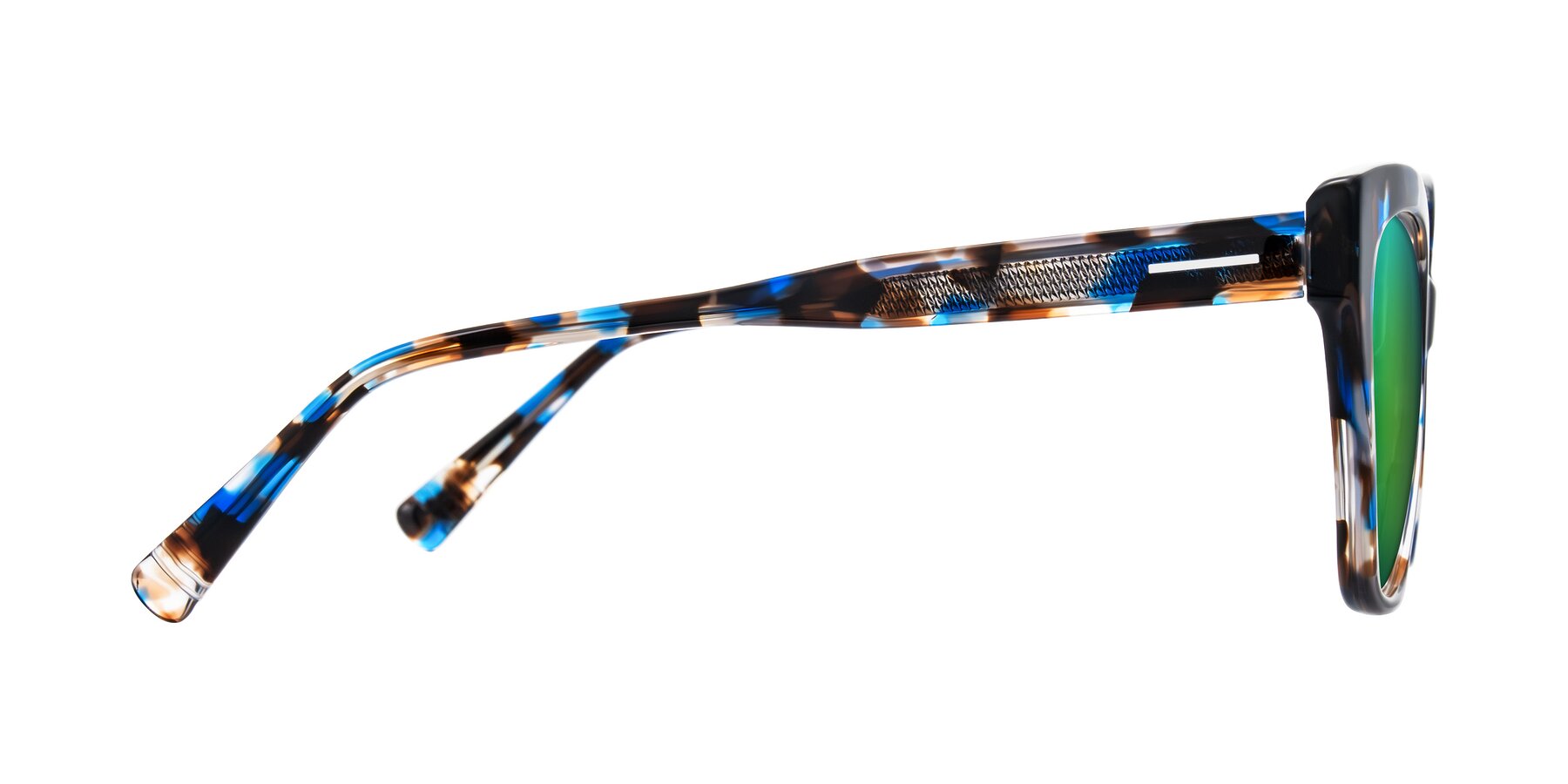 Side of Landecho in Blue Tortoise with Green Mirrored Lenses