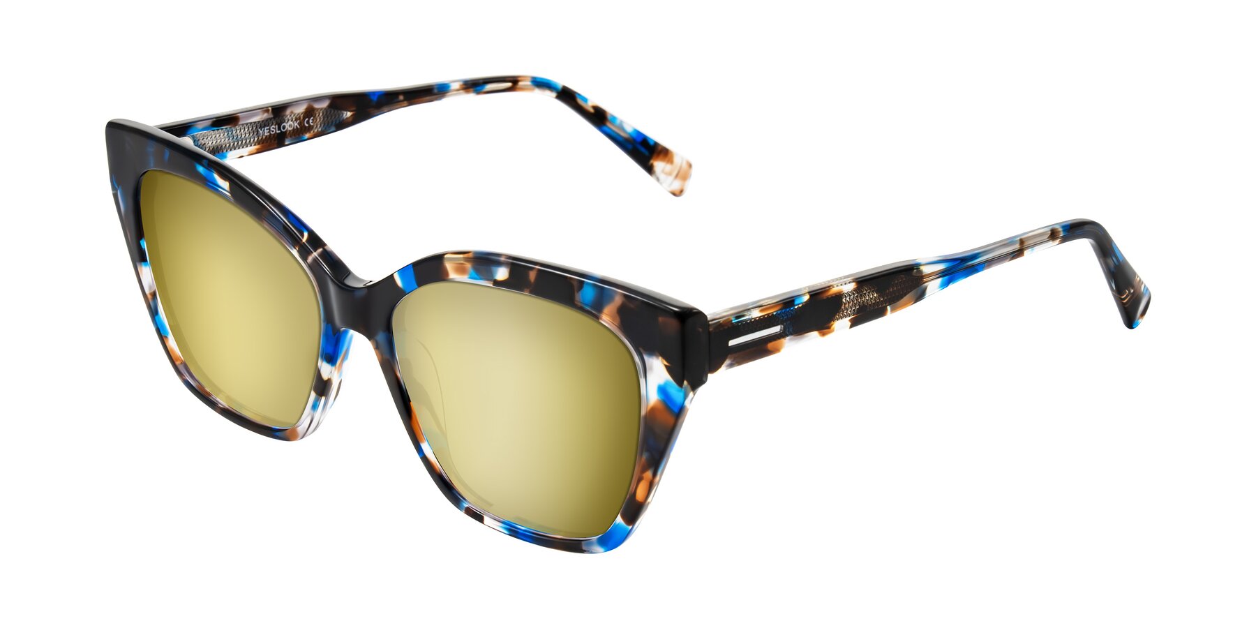 Angle of Landecho in Blue Tortoise with Gold Mirrored Lenses