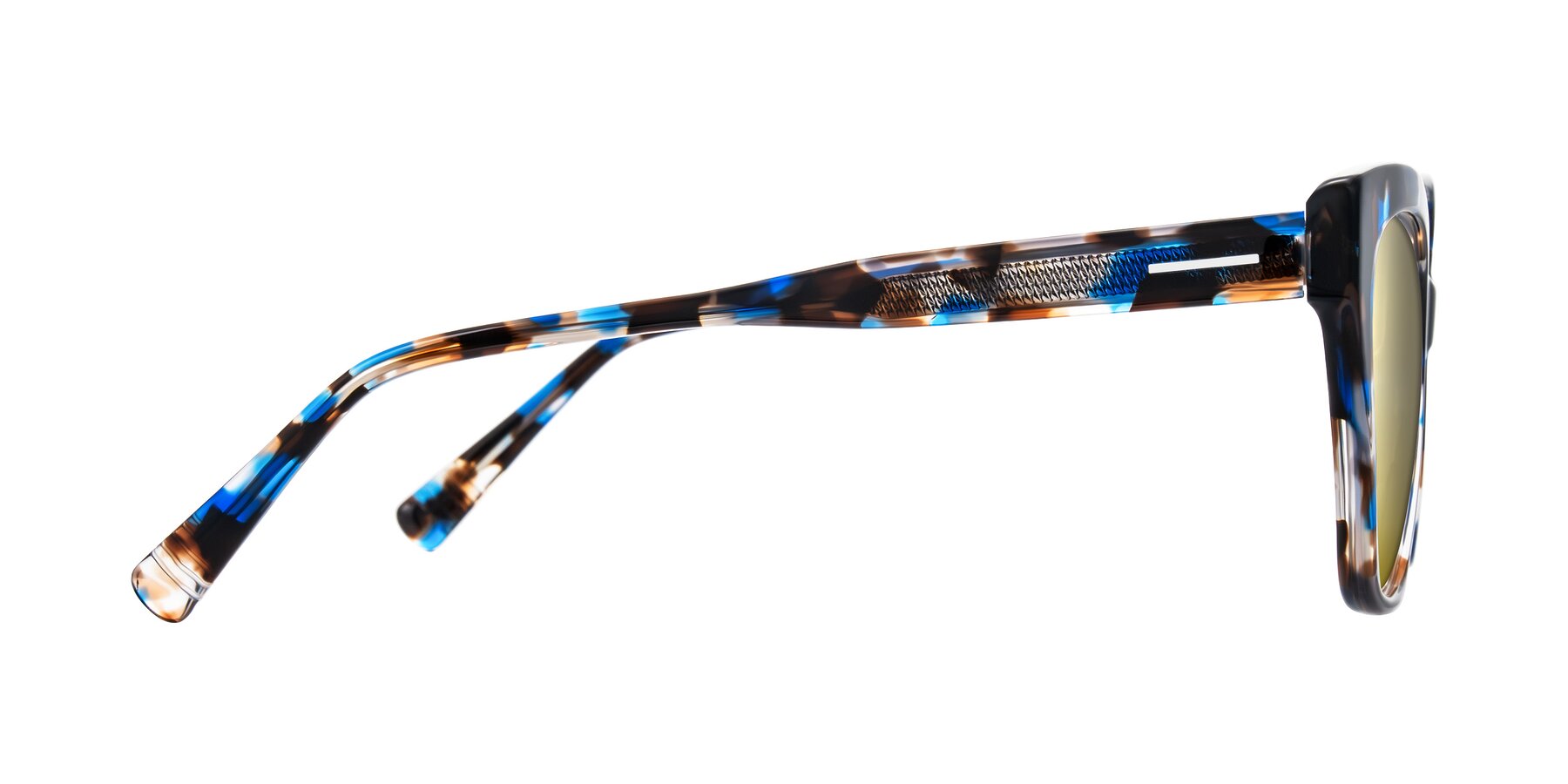 Side of Landecho in Blue Tortoise with Gold Mirrored Lenses