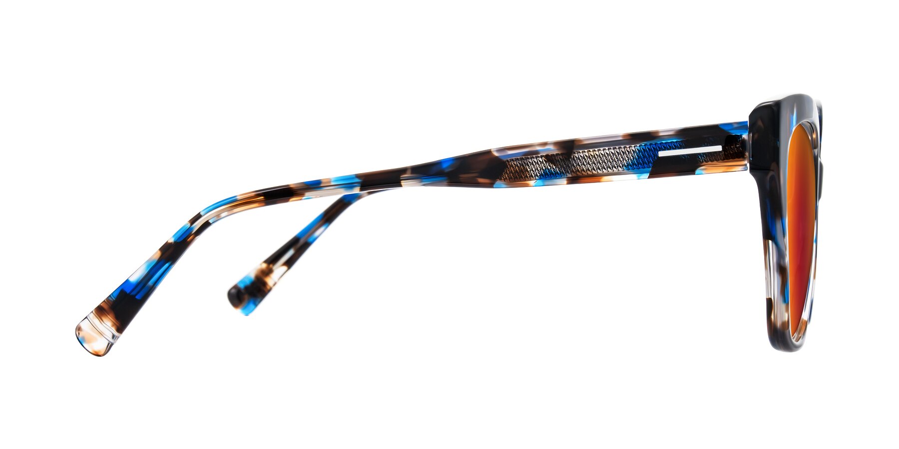 Side of Landecho in Blue Tortoise with Red Gold Mirrored Lenses