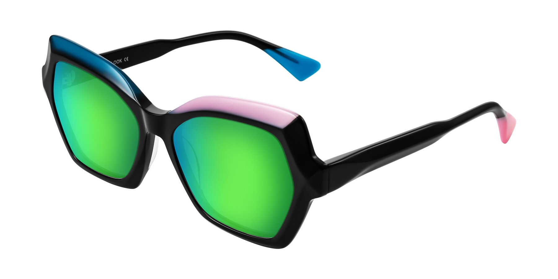Angle of Elowen in Midnight Pop with Green Mirrored Lenses