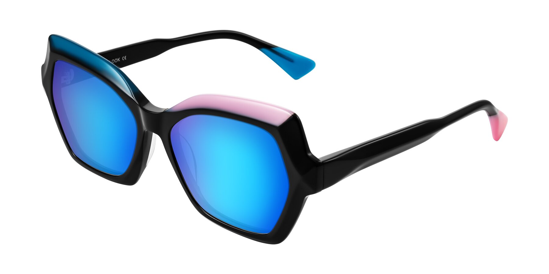 Angle of Elowen in Midnight Pop with Blue Mirrored Lenses