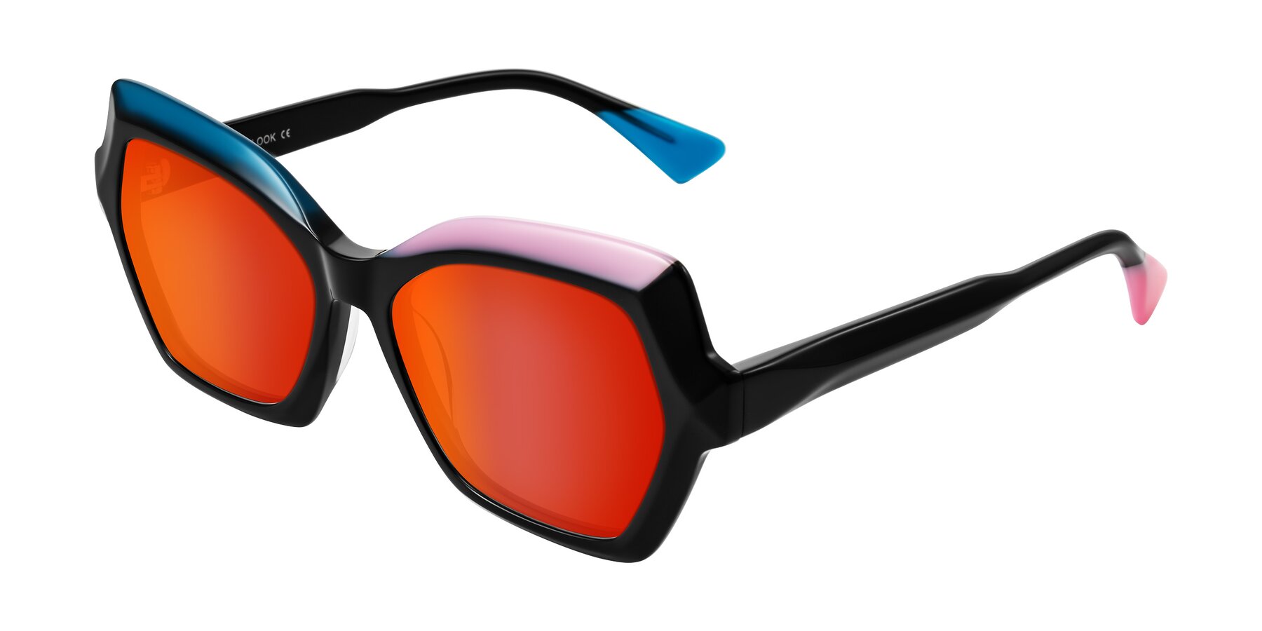 Angle of Elowen in Midnight Pop with Red Gold Mirrored Lenses