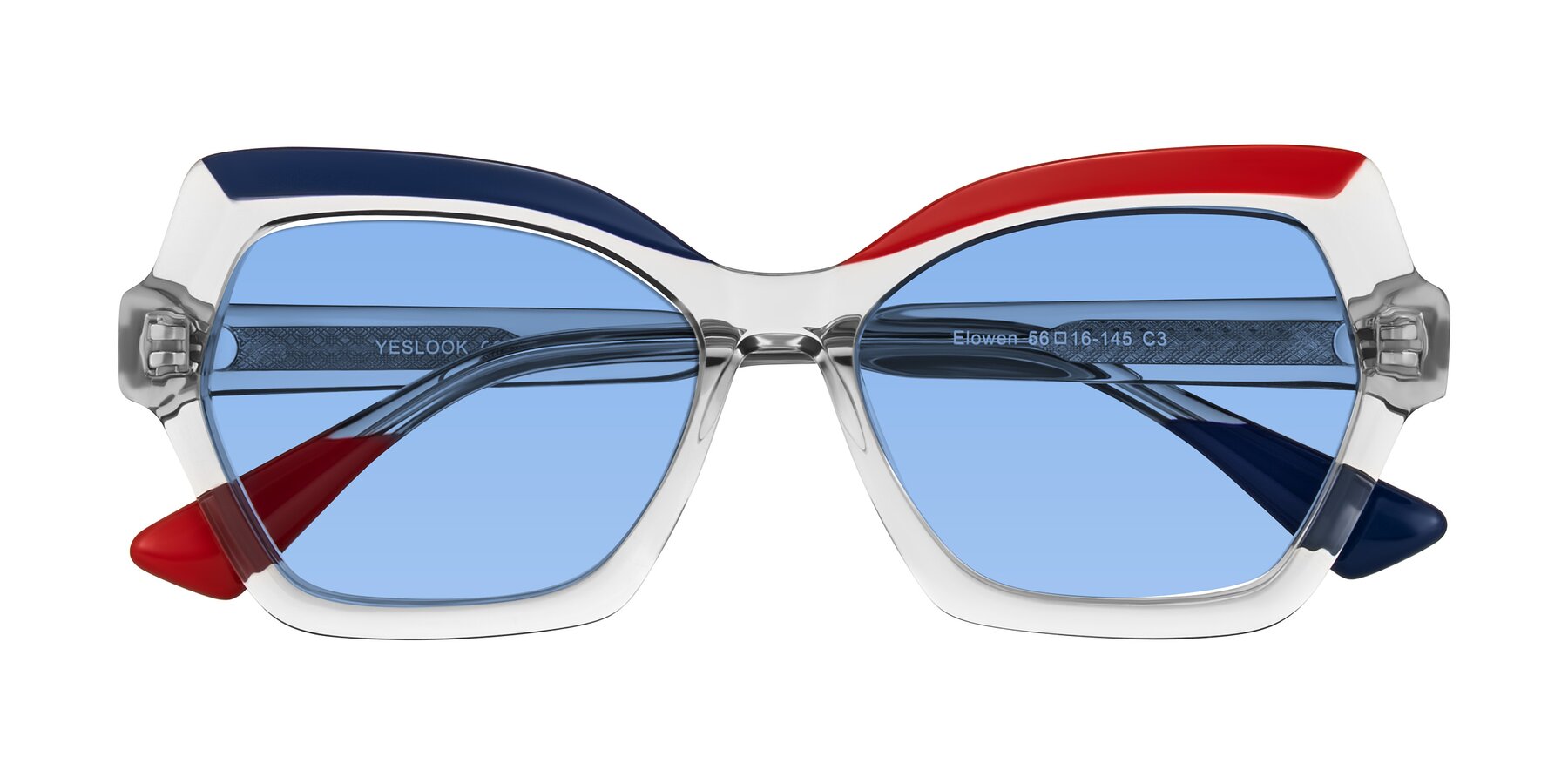 Folded Front of Elowen in Cold Spark with Medium Blue Tinted Lenses