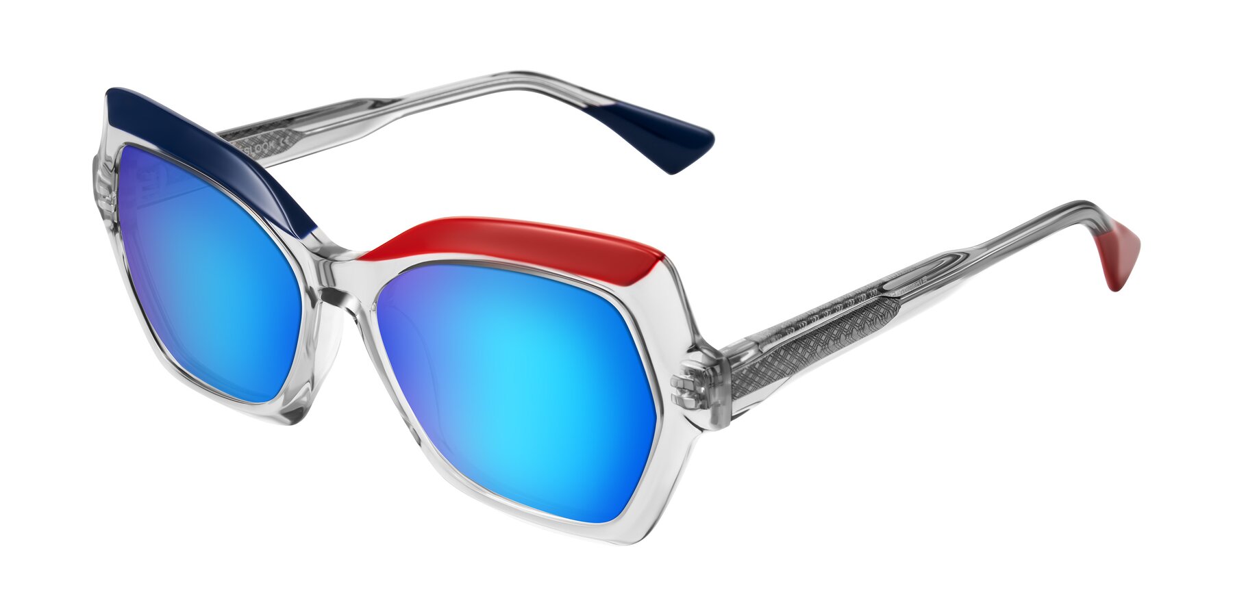 Angle of Elowen in Cold Spark with Blue Mirrored Lenses