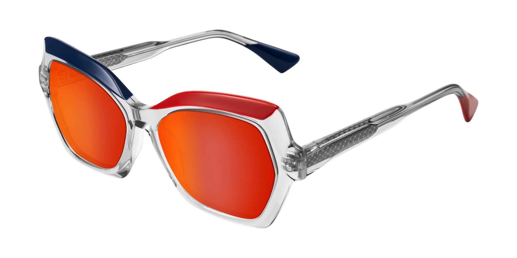 Angle of Elowen in Cold Spark with Red Gold Mirrored Lenses