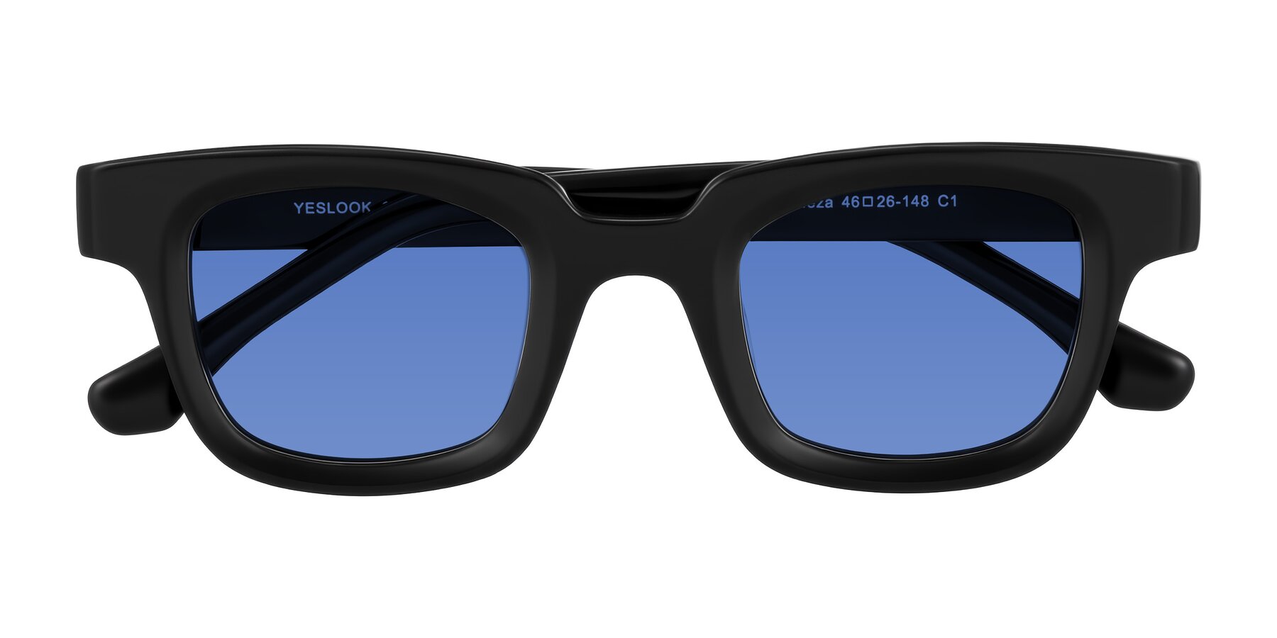 Folded Front of Neza in Black with Blue Tinted Lenses