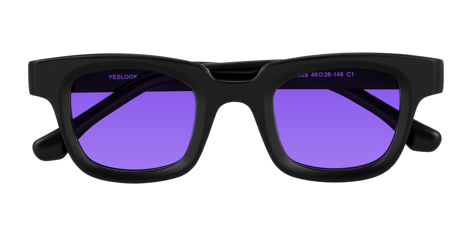 Folded Front of Neza in Black with Purple Tinted Lenses