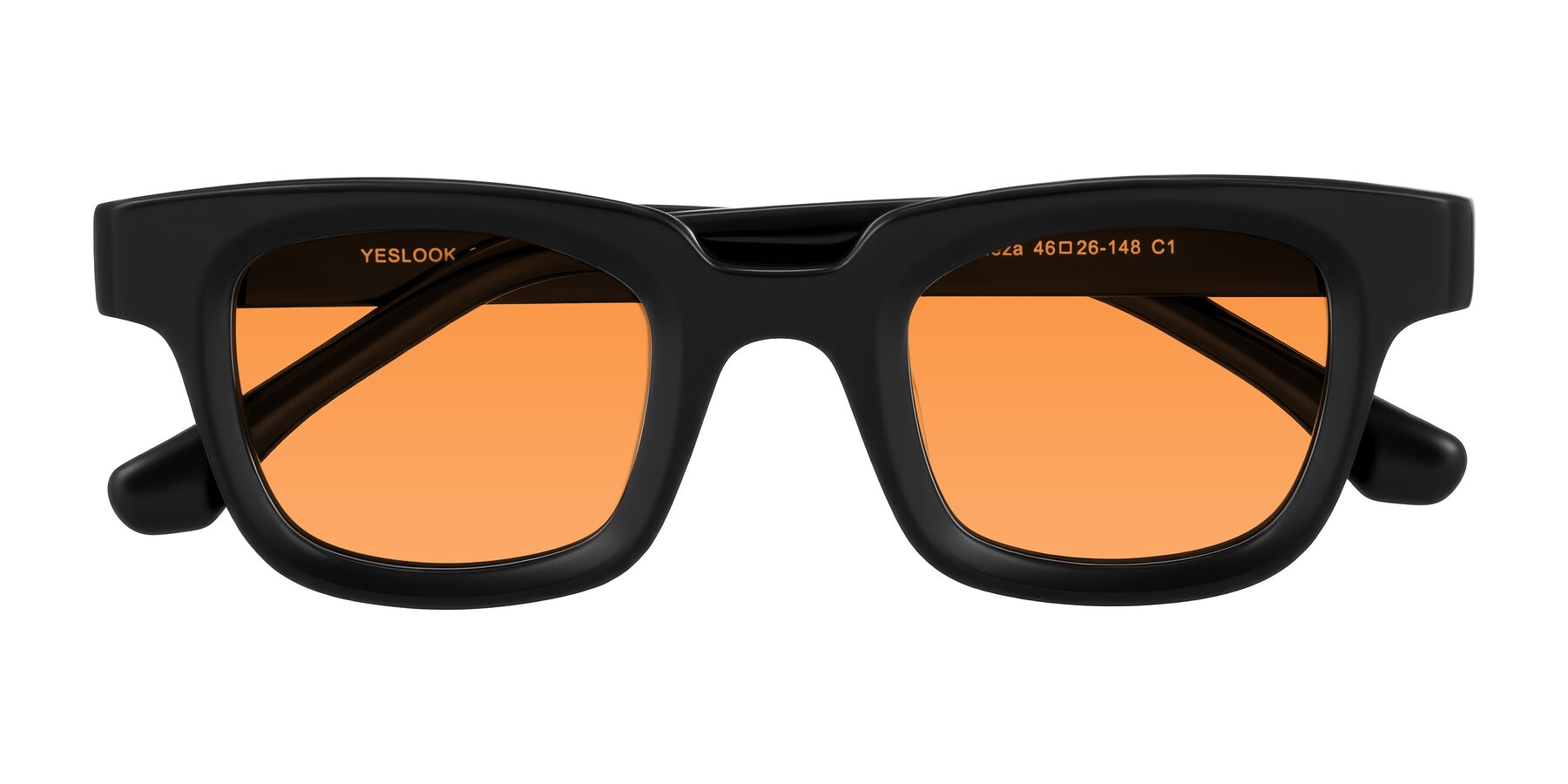 Folded Front of Neza in Black with Orange Tinted Lenses