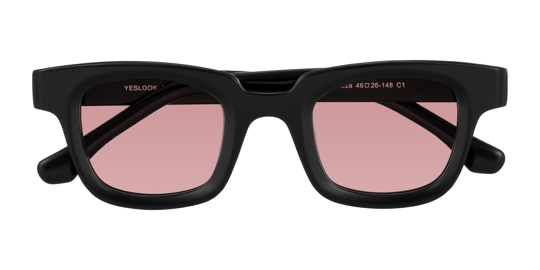 Folded Front of Neza in Black with Medium Garnet Tinted Lenses