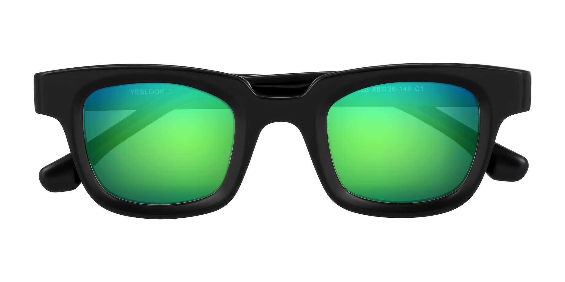 Folded Front of Neza in Black with Green Mirrored Lenses