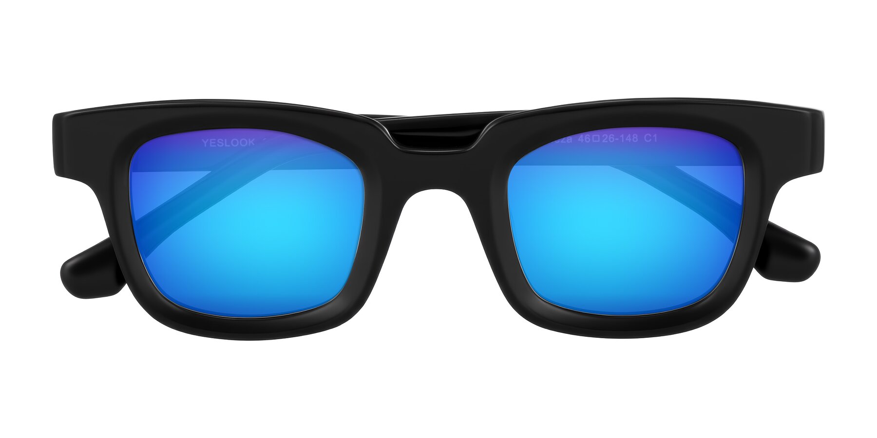 Folded Front of Neza in Black with Blue Mirrored Lenses