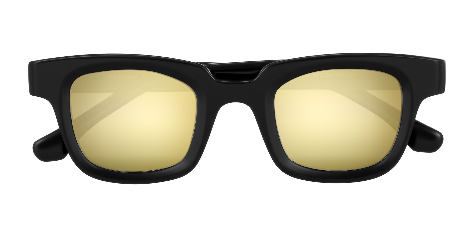 Folded Front of Neza in Black with Gold Mirrored Lenses