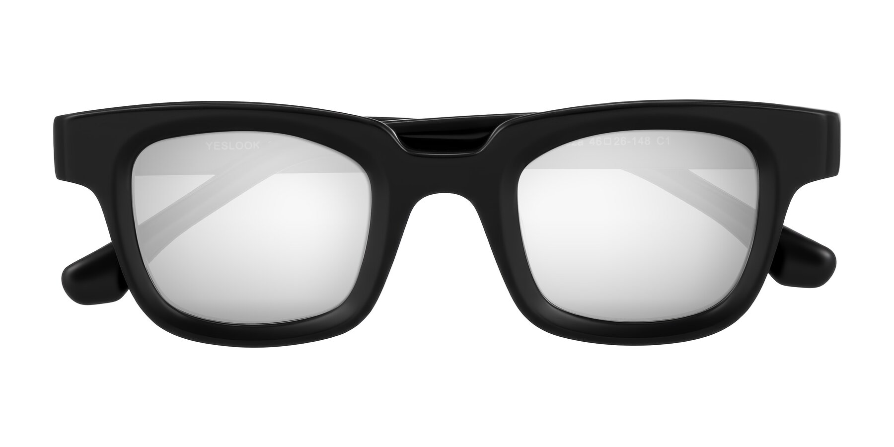 Folded Front of Neza in Black with Silver Mirrored Lenses