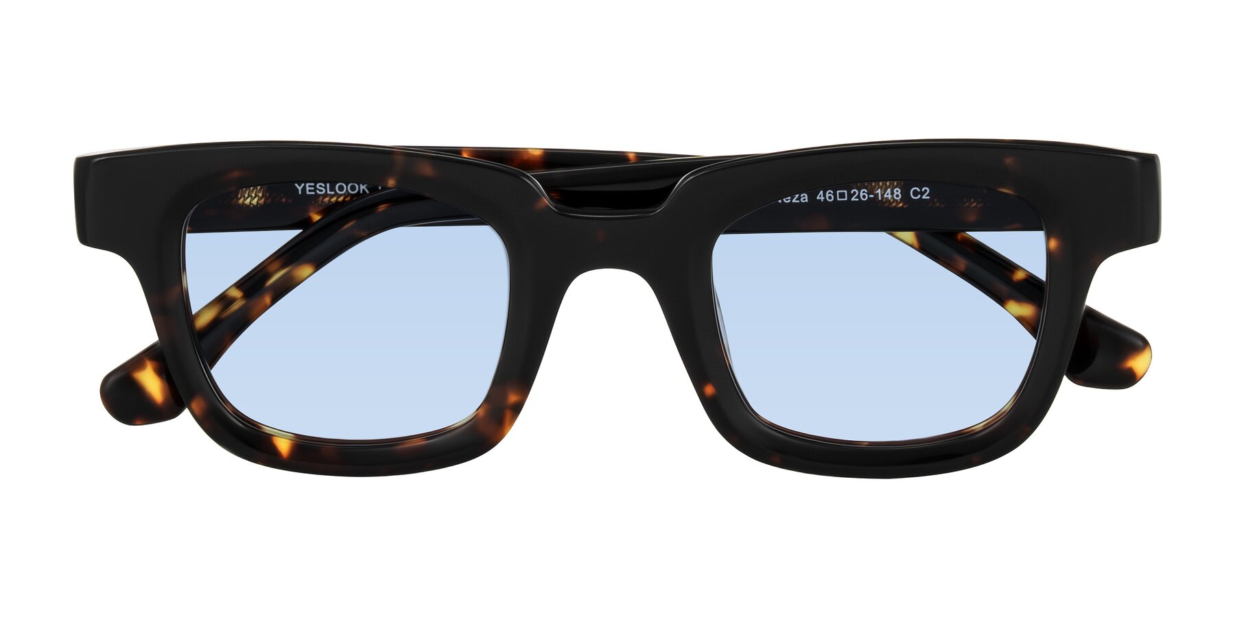 Folded Front of Neza in Tortoise with Light Blue Tinted Lenses