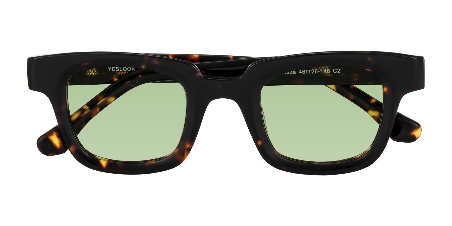Folded Front of Neza in Tortoise with Medium Green Tinted Lenses