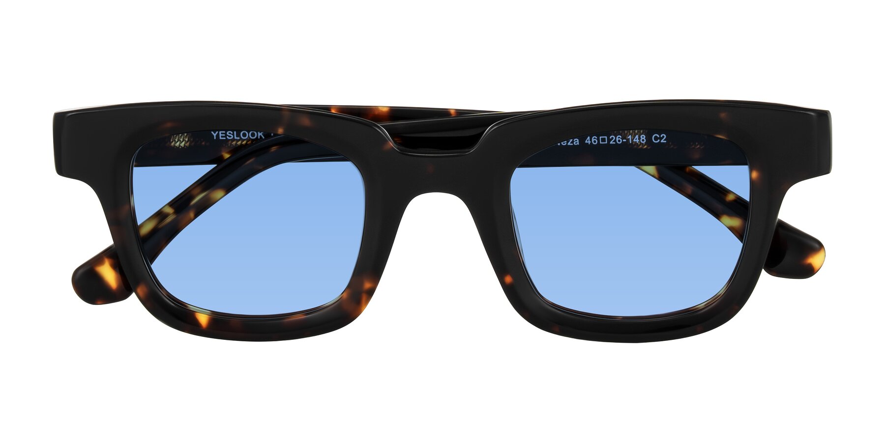 Folded Front of Neza in Tortoise with Medium Blue Tinted Lenses