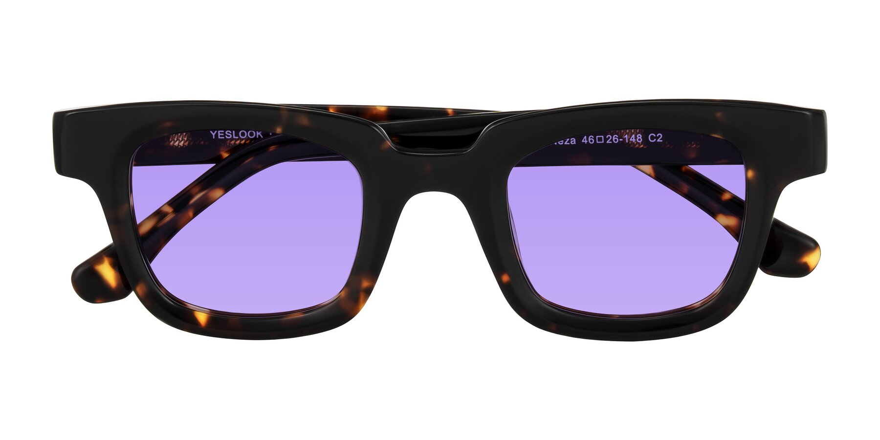 Folded Front of Neza in Tortoise with Medium Purple Tinted Lenses