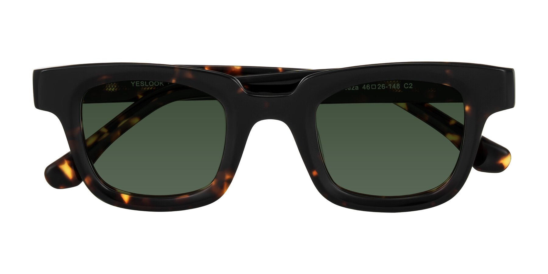 Folded Front of Neza in Tortoise with Green Tinted Lenses