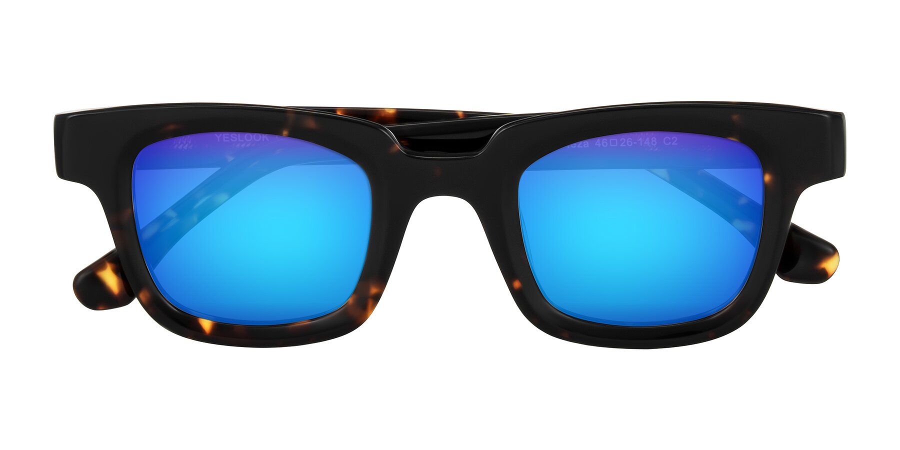 Folded Front of Neza in Tortoise with Blue Mirrored Lenses