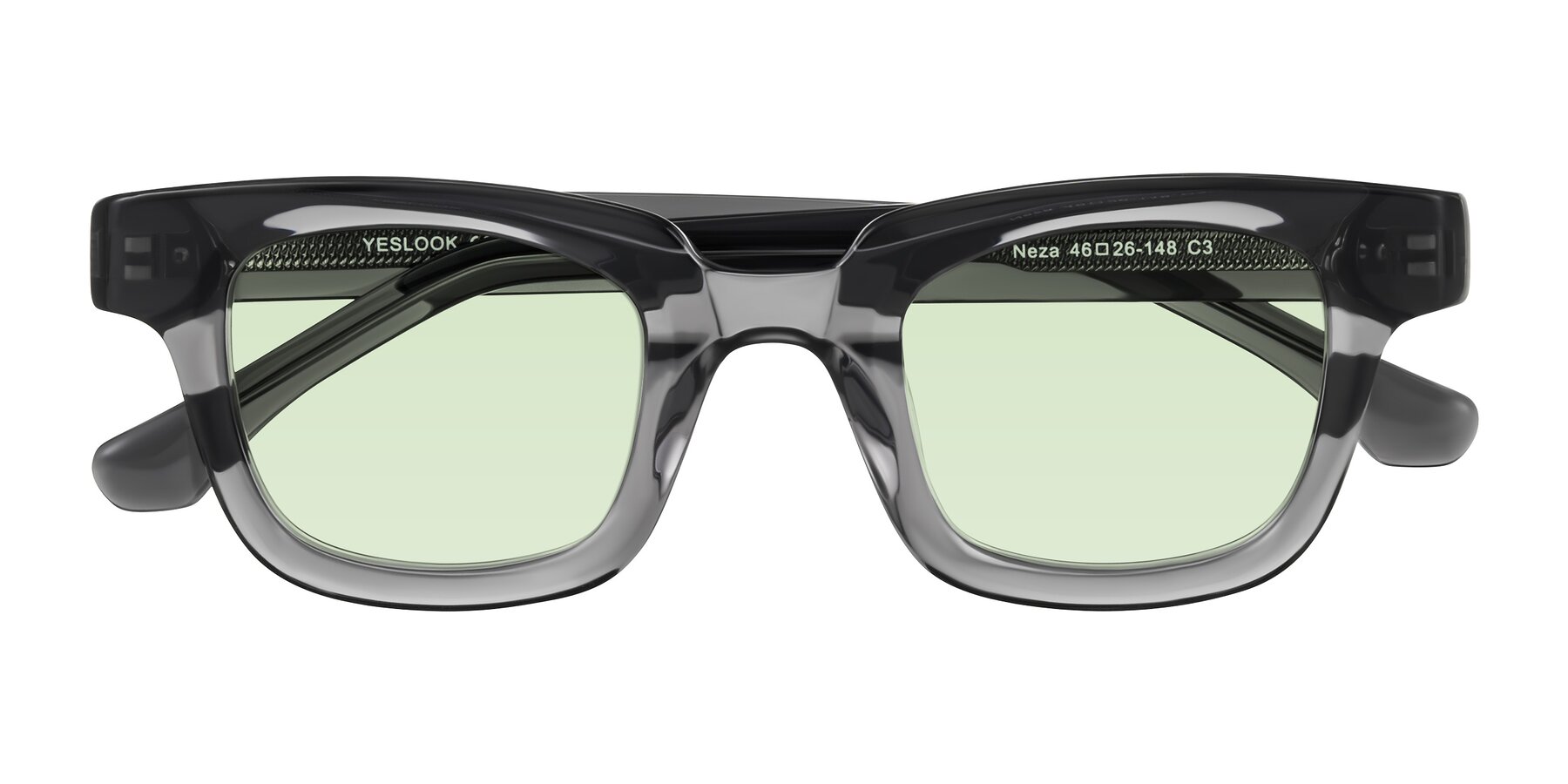 Folded Front of Neza in Dark Gray with Light Green Tinted Lenses