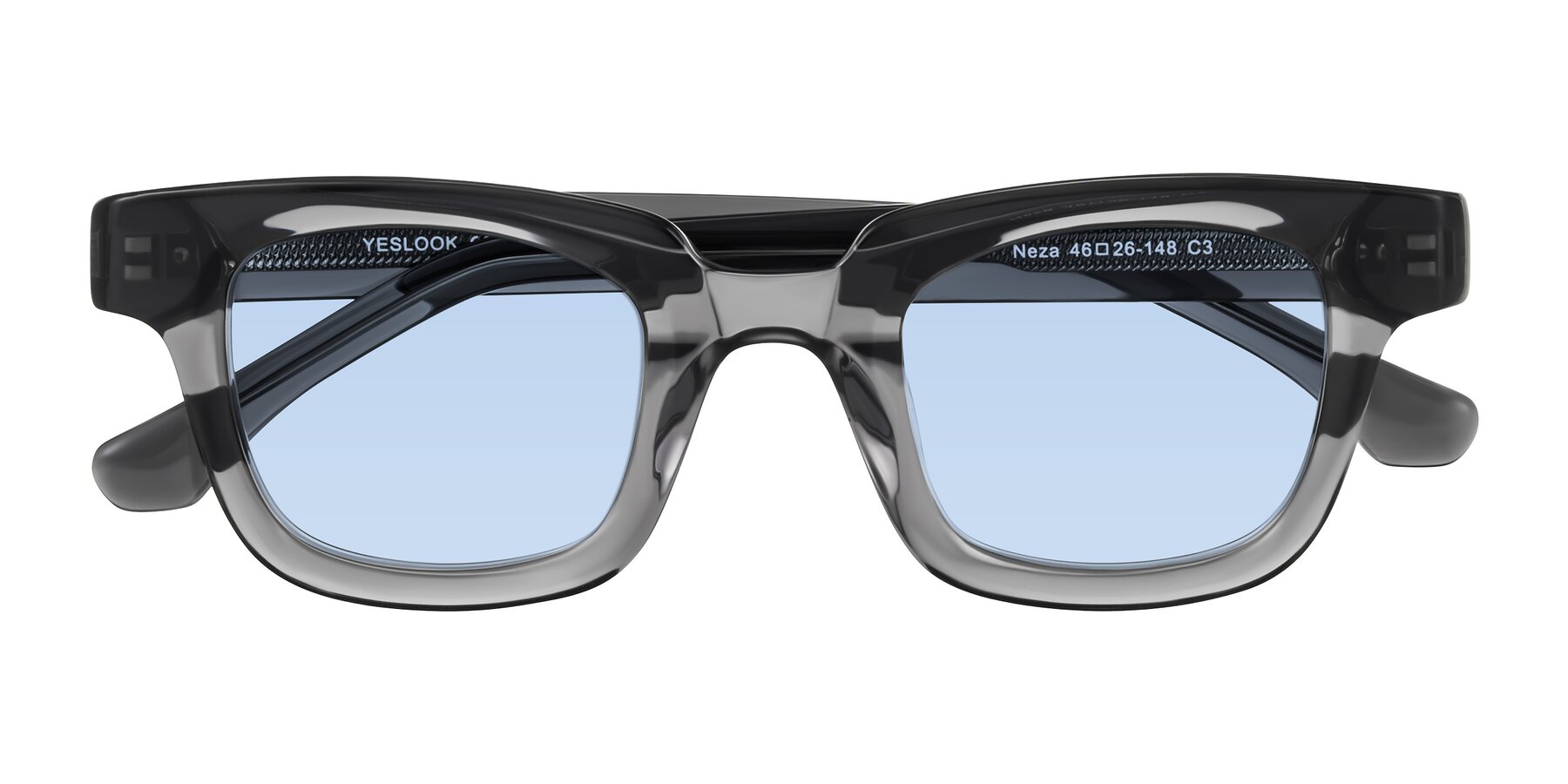 Folded Front of Neza in Dark Gray with Light Blue Tinted Lenses