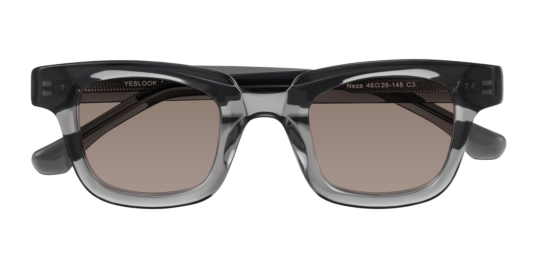 Folded Front of Neza in Dark Gray with Medium Brown Tinted Lenses