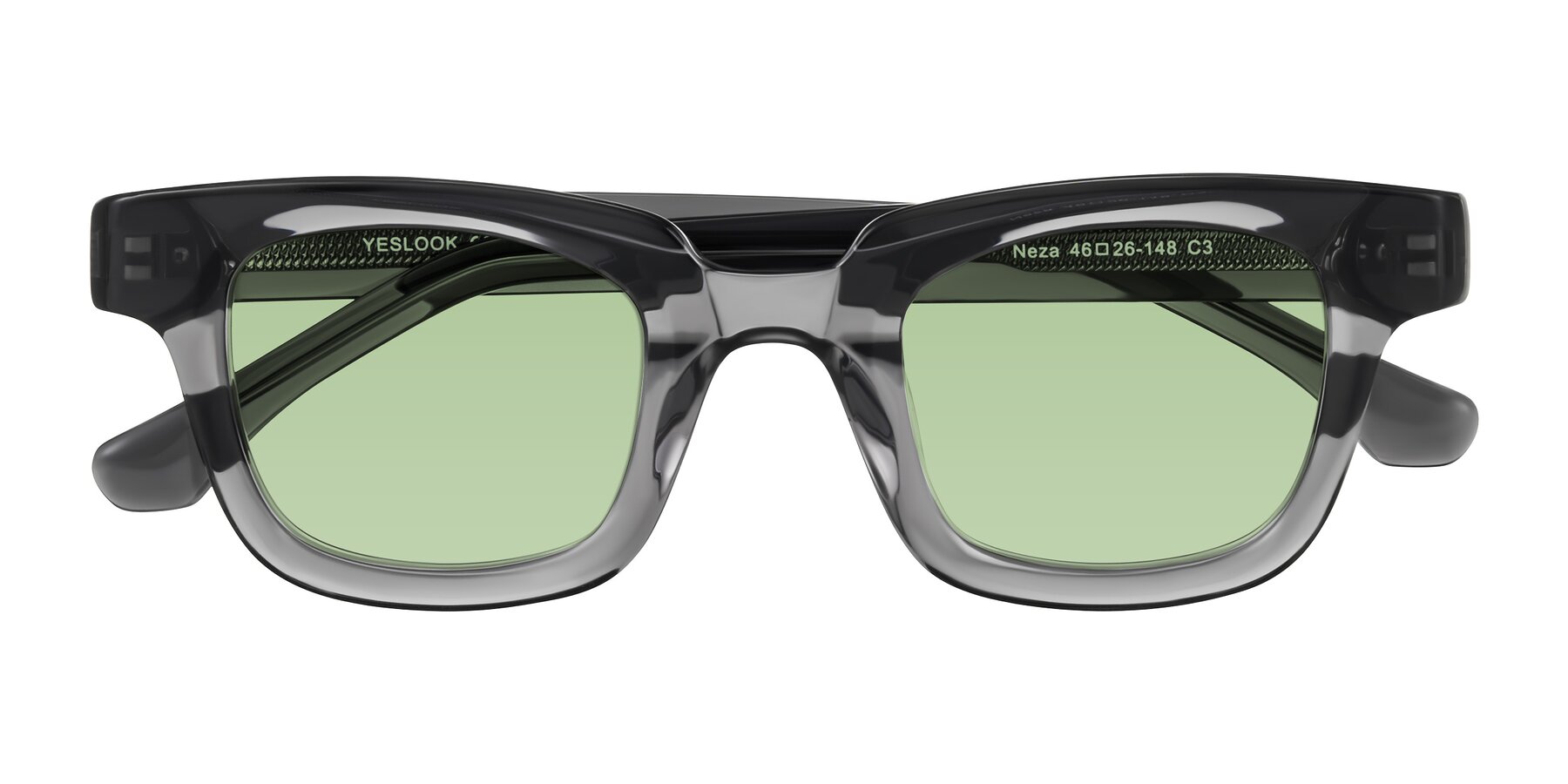 Folded Front of Neza in Dark Gray with Medium Green Tinted Lenses