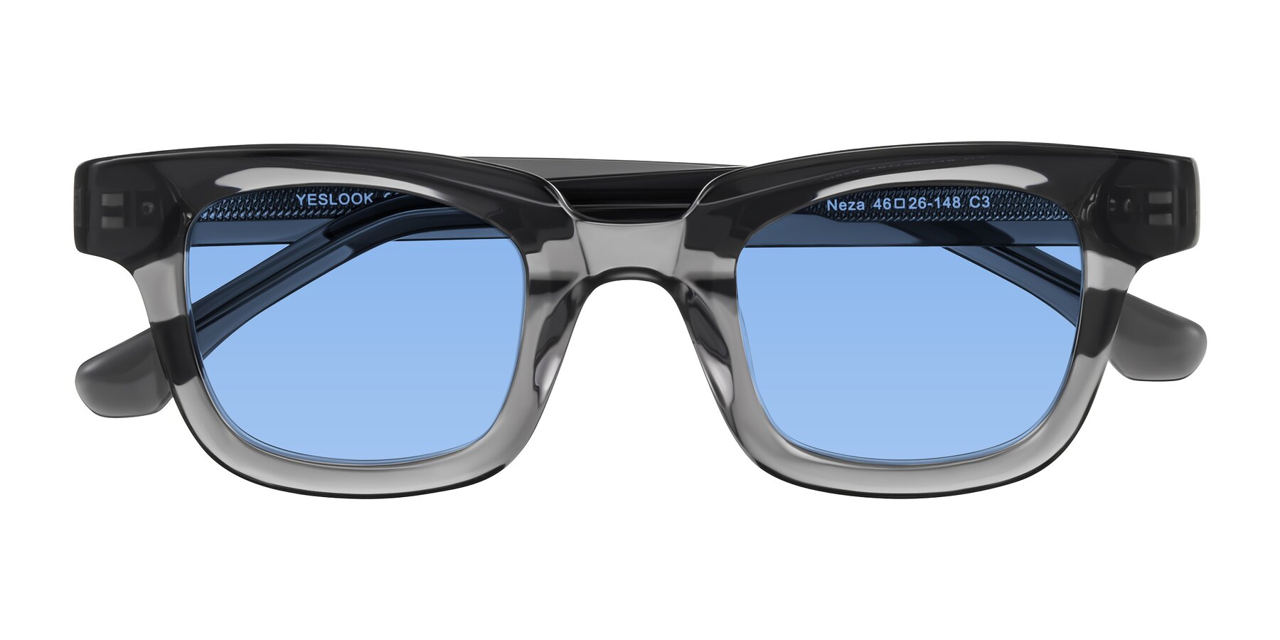 Folded Front of Neza in Dark Gray with Medium Blue Tinted Lenses