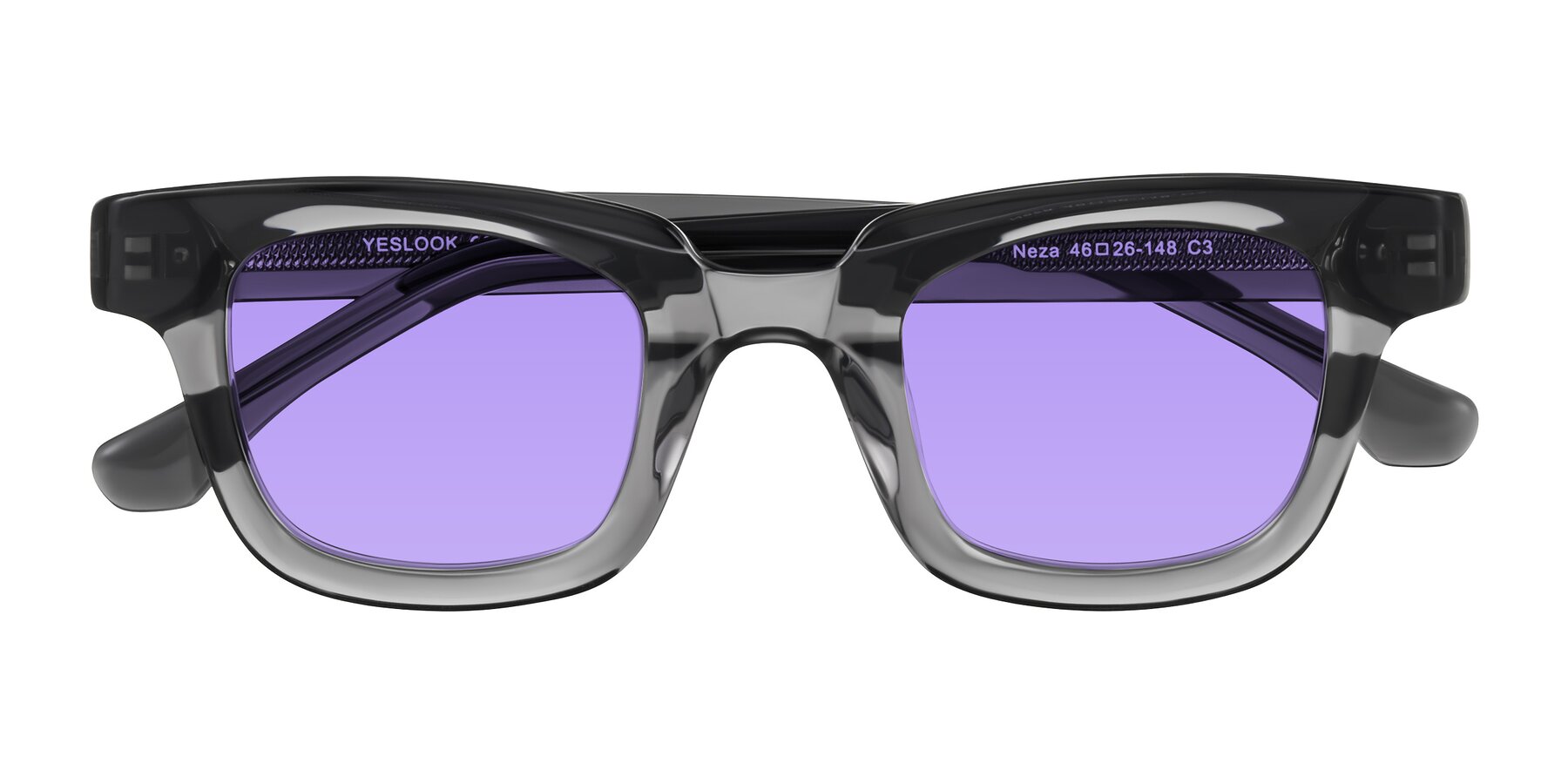 Folded Front of Neza in Dark Gray with Medium Purple Tinted Lenses