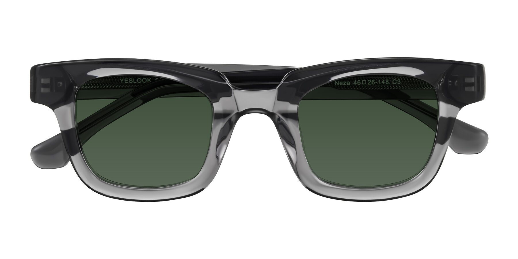 Folded Front of Neza in Dark Gray with Green Tinted Lenses
