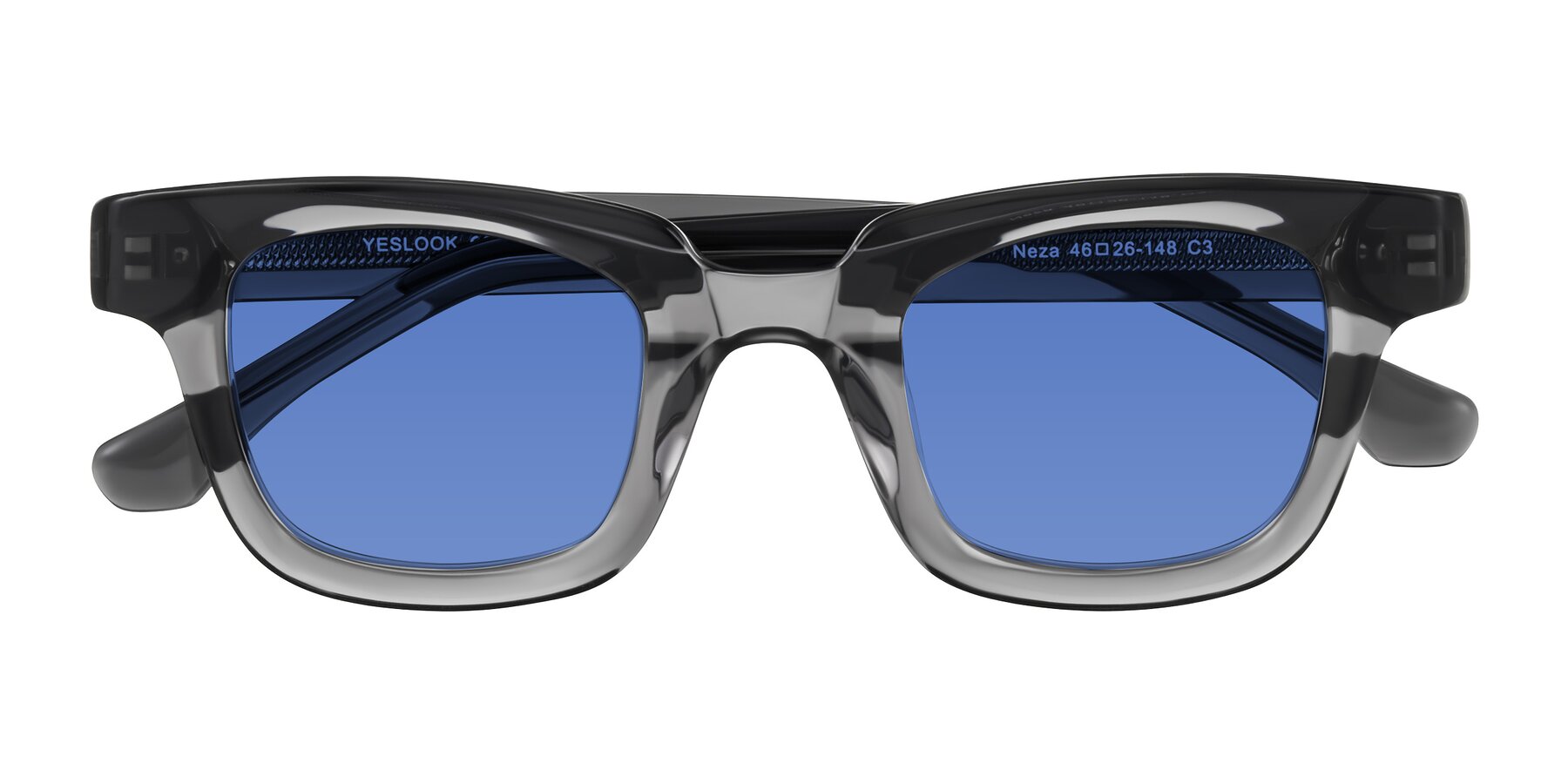 Folded Front of Neza in Dark Gray with Blue Tinted Lenses